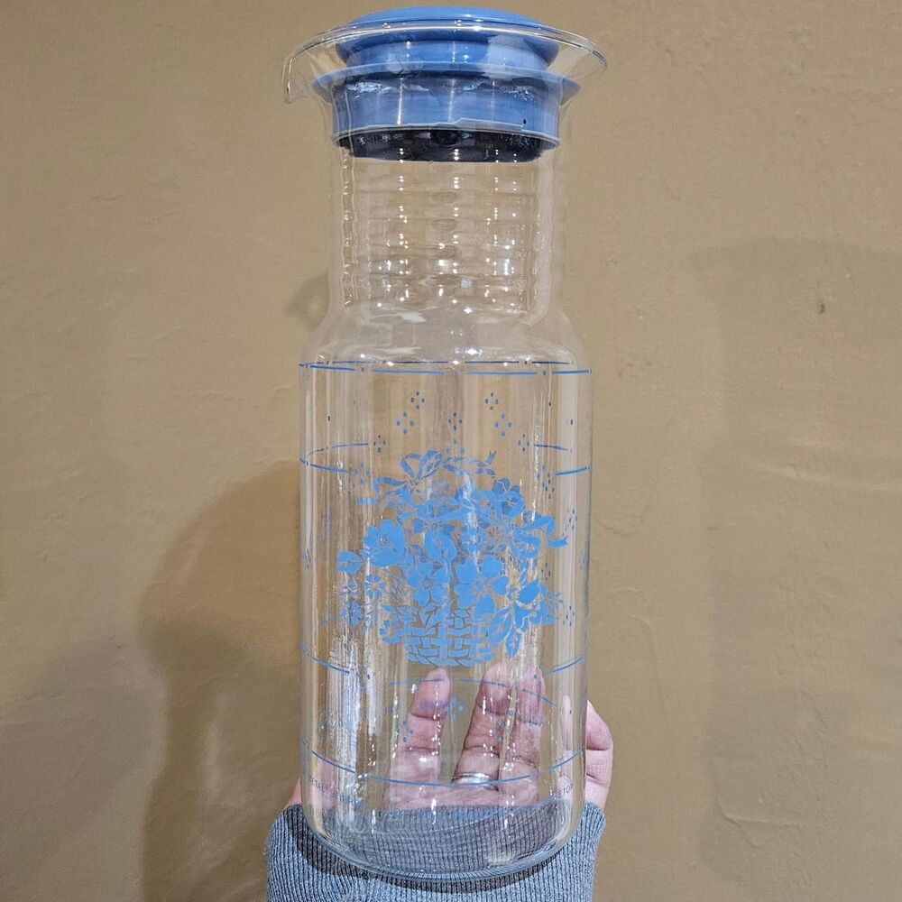 vintage cottagecore farmhouse Pyrex blue flower basket carafe
